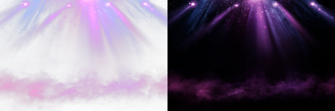 Disco stage lighting with pink and violet beams shining downward with reflective glow on split background.