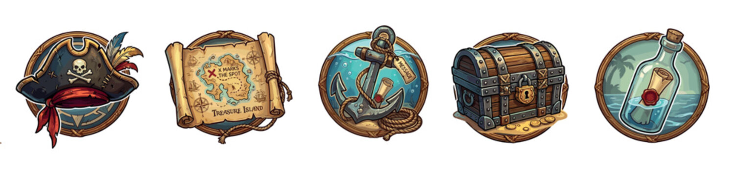 This vibrant collection of five circular pirate and treasure icons features a tricorn hat, an old map, an anchor, a locked chest, and a message in a bottle, rendered in a playful cartoon style