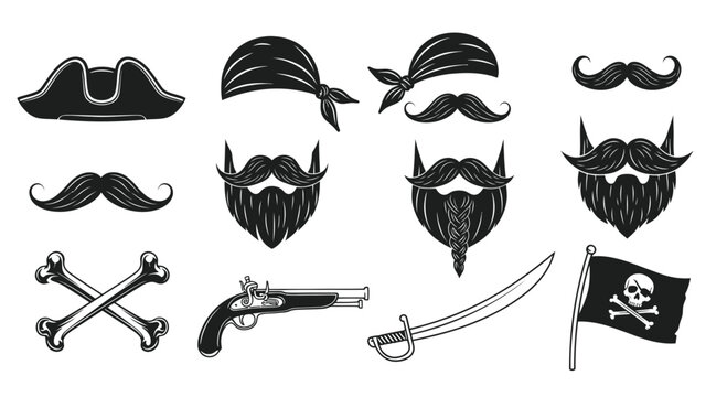 Pirate Icons: Hat, Beard, Moustache, Sword, Pistol, Jolly Roger Flag, Bones