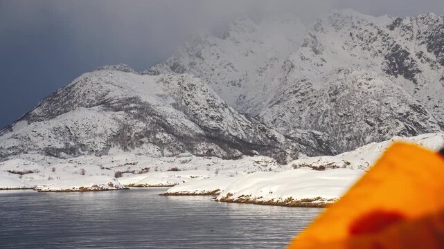 Saying goodbye to Trollfjord mountains Lofoten Norway
