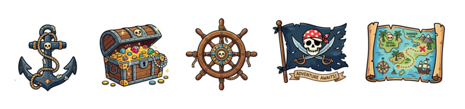 Collection of colorful pirate adventure icons featuring a treasure chest, anchor, ship's wheel, Jolly Roger flag, and an old treasure map drawn in a playful cartoon style