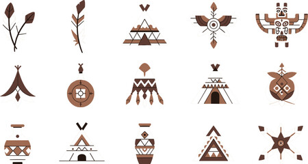Tribal geometric ornament icon set with ethnic patterns, arrows, feathers, teepee tents and native symbols for boho design, decoration and cultural themes © MstKhyrun