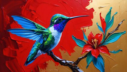 Obraz premium Flying Hummingbird with Red Flower Oil Painting – Impasto Wide Art with Blue Wings on Red Gold Background