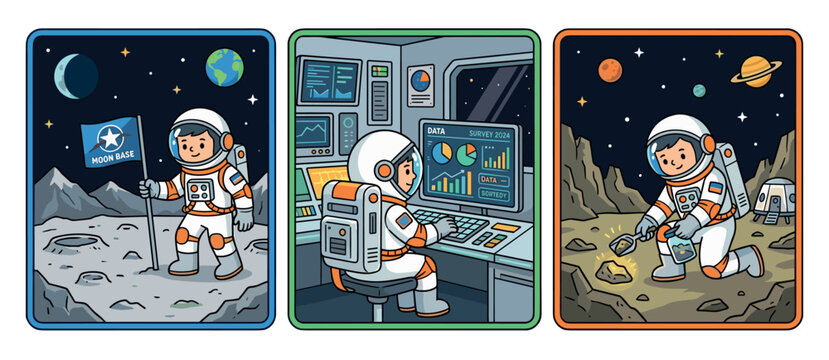 Set of three cartoon illustrations showing an astronaut's mission, from planting a flag on the moon to analyzing data and collecting geological samples on a planet