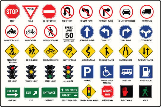 Collection of road traffic signs and signals for drivers and pedestrians Vector