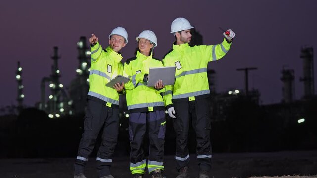 Industrial team collaboration at night factory site group photo urban environment close-up view professionalism in action