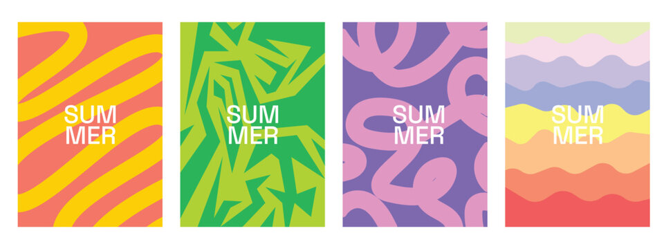 Vibrant summer posters with colorful abstract patterns and text