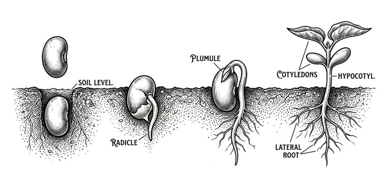 Detailed scientific illustration of seed germination stages, showing a bean seed developing roots, stem, and leaves with labeled parts, rendered in a classic engraved style