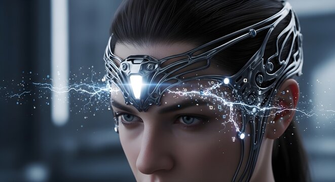 Woman with glowing neural interface headset and electric energy discharge in a high tech futuristic environment