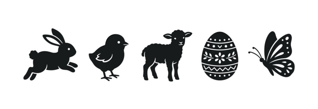 Collection of five black Easter icons featuring a jumping rabbit, a cute chick, a small lamb, an ornate egg, and a butterfly, presented in a clean, flat graphic style