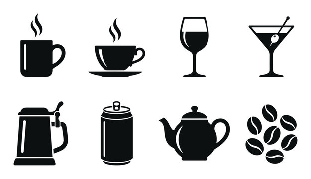 Set of black beverage and drink icons in a simple silhouette style, featuring a coffee cup, wine glass, martini, beer mug, soda can, teapot, and roasted coffee beans