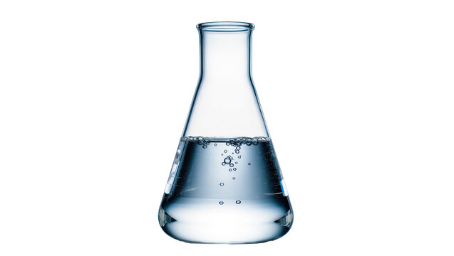 Clear liquid bubbling inside laboratory Erlenmeyer flask