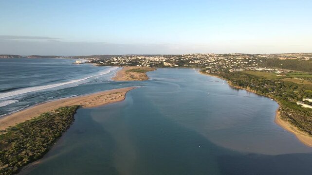 Drone flight over Keurbooms river lagoon with view toward Plettenberg Bay
