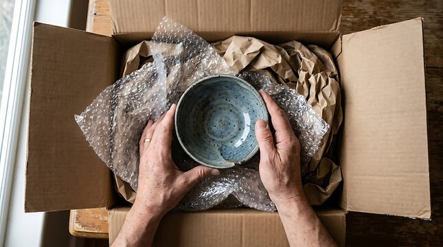 Hands carefully gripping a delicate ceramic bowl, packing protective materials for secure shipping