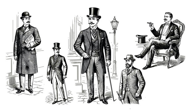 Five vintage gentlemen in formal attire from the Victorian era are depicted in a classic black and white engraving style, showcasing elegant fashion and dignified poses