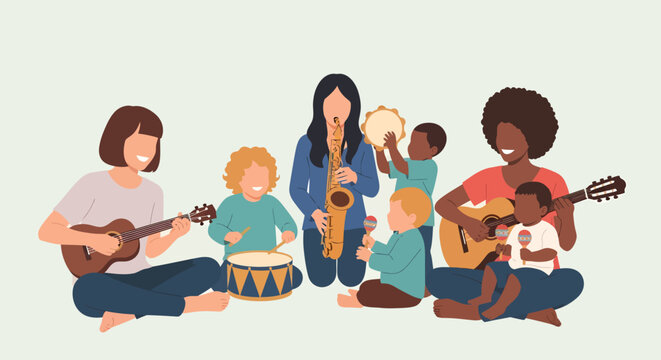 Diverse family and children playing music together at home