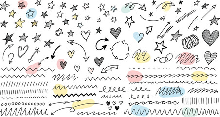 Obraz premium Hand drawn doodle collection stars hearts lines and abstract shapes