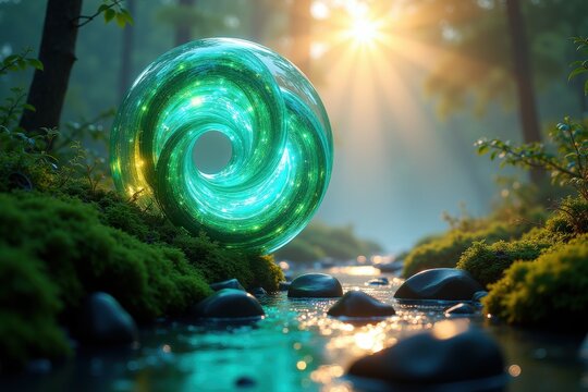Glowing Green Toroid in Mystical Forest Stream with Sunbeams