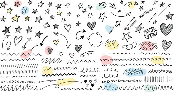 Hand drawn doodle collection stars hearts lines and abstract shapes