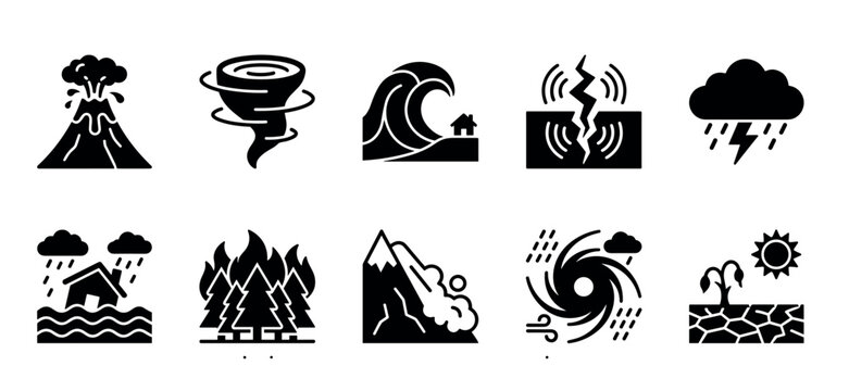 Natural disaster black solid icon set featuring volcano, tornado, tsunami, earthquake, storm, flood, wildfire, landslide, hurricane, and drought symbols for environmental concepts