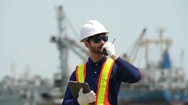 Construction supervisor directs operations at port maritime setting professional photography outdoor close-up perspective