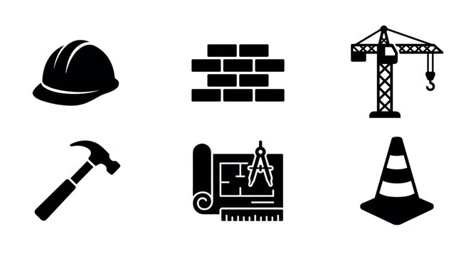Set of black construction industry icons featuring a hard hat, brick wall, tower crane, hammer, blueprint, and traffic cone for building and engineering projects