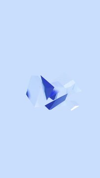 Geometric blue crystal shards exploding in a bright minimalist space representing fragmentation and digital data processing for futuristic industries