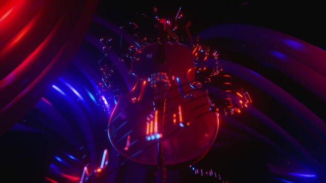 4k vj motion loop featuring a cello silhouette surrounded by flowing musical staves and dancing notes, perfect for classical concerts and sophisticated stage visuals