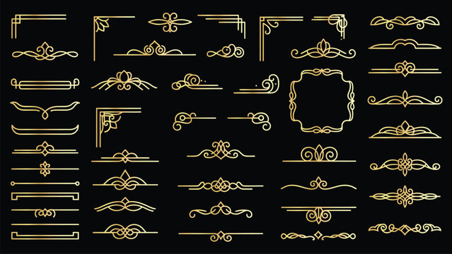 Collection of golden decorative elements and frames for design.