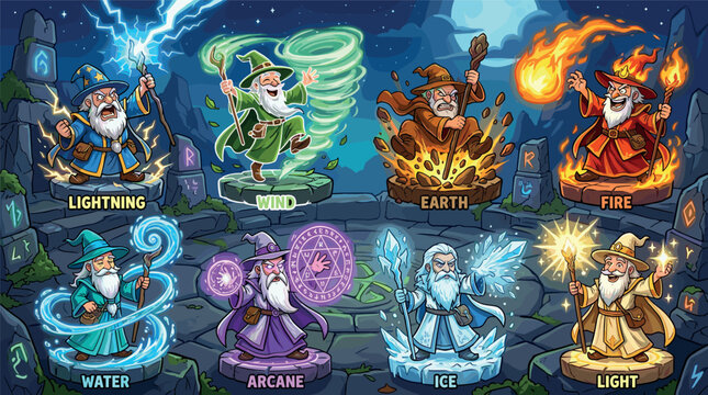 Set of eight powerful fantasy wizards casting spells from different schools of magic including lightning, fire, ice, water, earth, wind, arcane, and light in a detailed cartoon style
