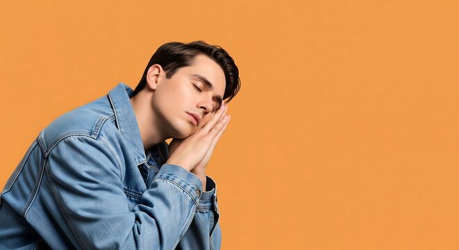 A man in a blue shirt makes a gesture of boredom on an orange background.