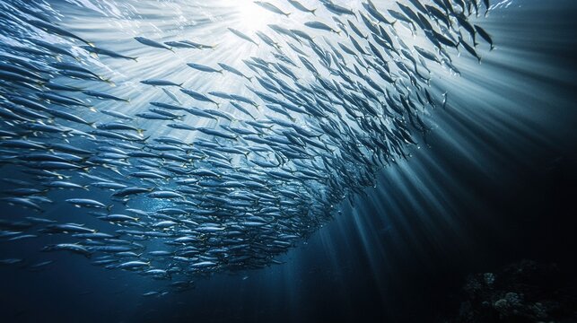 sardines. A large school of sardines moving tightly through a narrow coral passage. wildlife magazines, conservation campaigns, designed for nature documentaries and education, supports conservation.