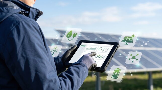 Engineer monitoring renewable energy production using digital tablet with holographic interface icons, managing solar and wind power grid efficiency, battery storage and