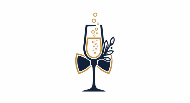 Elegant champagne flute with bubbles, bow, and sprig