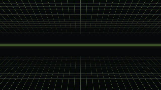 A glowing green wireframe grid perspective on a dark background with a neon horizon line in 80s retro style