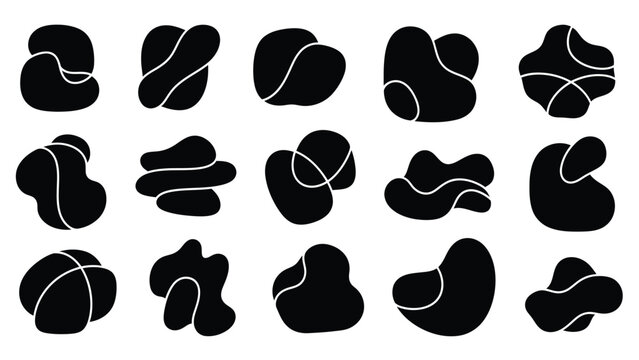 Black organic fluid shapes set featuring abstract minimalist silhouettes for branding.