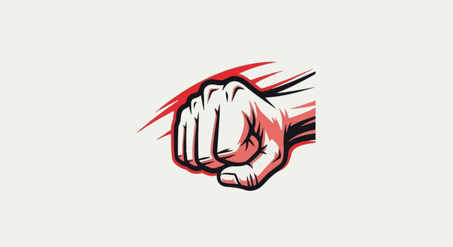 Dynamic red and black fist graphic with sharp edges on a light background