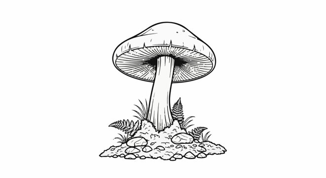 Detailed illustration of a mushroom with gills, stem, and surrounding foliage