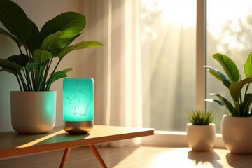Fototapeta premium Indoor Plants and Glowing Lamp by Sunny Window Light