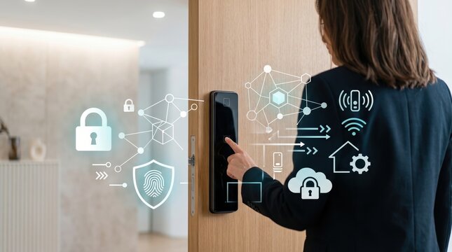 Woman using smart door lock with fingerprint scanner, digital home security system, wireless connection icons, biometric authentication technology in modern residential interior