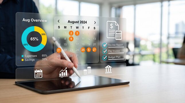 Financial planning overview with calendar August 2024, expenses and savings pie chart, budget plan checklist, invoice payment reminders on transparent holographic display tablet