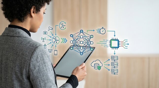 Artificial intelligence concept showing neural network structure, machine learning process flow, IoT sensors input, cloud storage database, microchip processor speed optimization