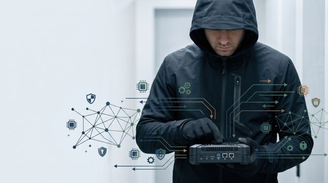 Cyber security hacker holding mini computer device, data protection network concept, encryption shields and microchips graphics, digital threat analysis, information safety