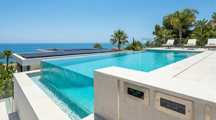 Fototapeta premium Luxury infinity pool Modern villa overlooking the ocean with sustainable solar panels for an eco-friendly lifestyle