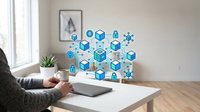 Blockchain technology network connection concept, digital blocks with security locks and cryptocurrency icons floating above laptop in bright home office room.