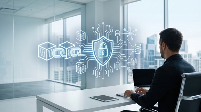 Man working on laptop with blockchain chain and cyber security shield hologram, cryptocurrency and encrypted data protection concept