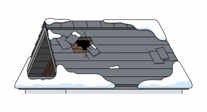 Damaged, snow-covered roof with missing shingles and hole
