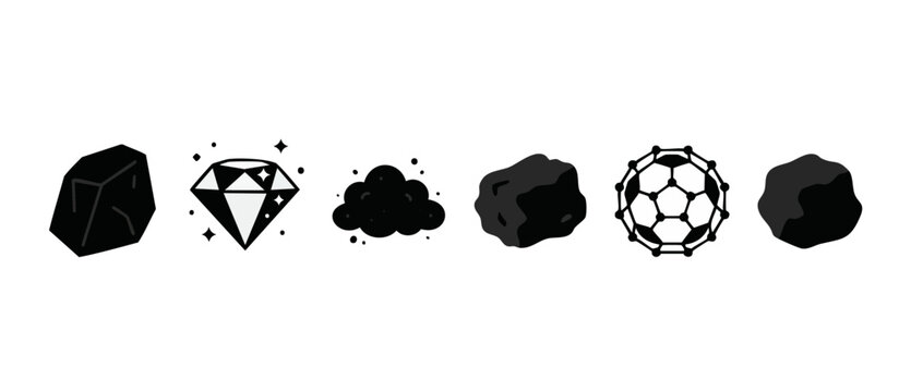 Carbon Allotropes Diamond Coal Graphite Icons Set, Flat Minimalist Chemistry Symbols representing Atomic Structure, Fullerene Molecular Model, Energy Fuel and Precious Gemstone Vector Illustration iso