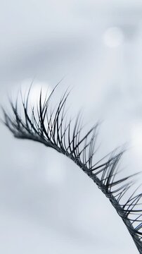 False eyelashes with fine fibers shown in close up on blurred white background, highlighting natural volume and detail, suitable for elegant beauty themes and eye cosmetic advertising.