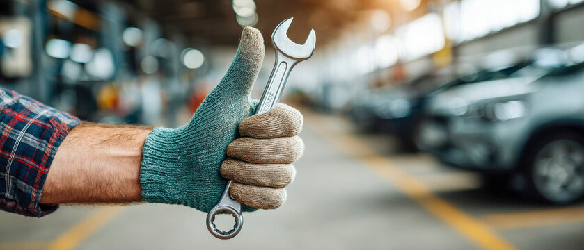 Worker shows tool with thumbs up in car repair shop at daytime while surrounded by vehicles in need of service